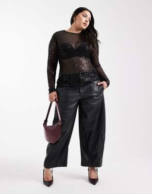Pieces Plus Pieces Curve Long Sleeve Sequin Top In Black