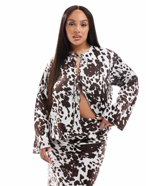 Pieces Curve long sleeve tie front top in cow print - view 1