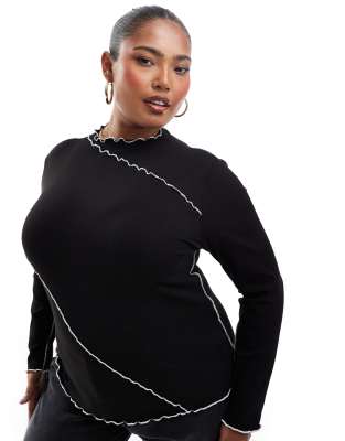 Pieces Plus Pieces Curve Long Sleeved Top With Contrast Lettuce Edge Detailing In Black