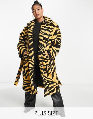 Pieces Plus Pieces Curve Longline Belted Teddy Coat In Yellow Tiger Print-multi