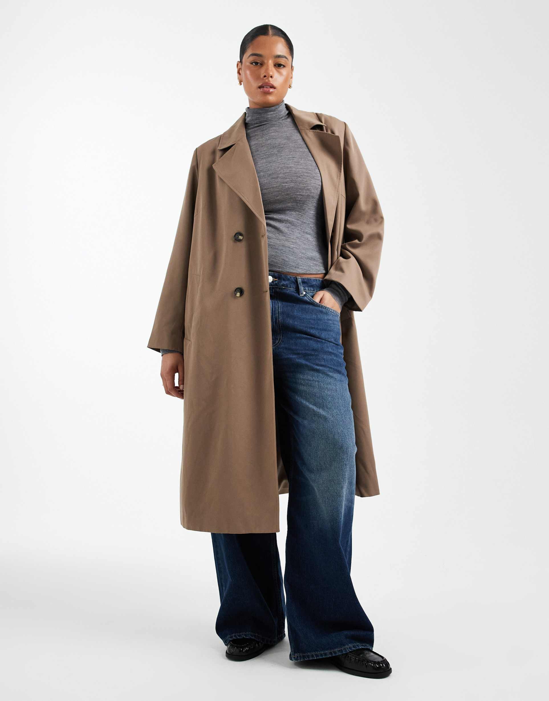 pieces curve longline belted trench coat in brown lentil