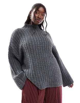 Pieces Plus Pieces Curve Longline Sweater With High Neck In Gray