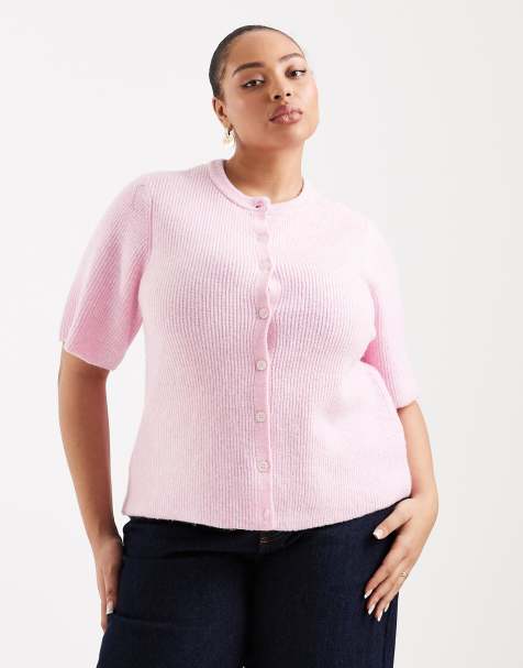 PIECES Curve - Lyserød og kortærmet cardigan i blød strik - view 1