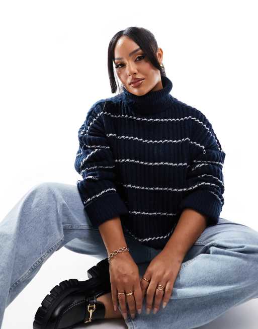 Pieces Curve - Maglione con collo alto blu navy a righe bianche