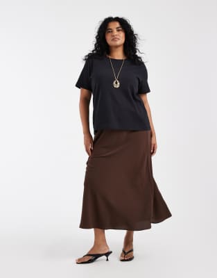 Pieces Plus Pieces Curve Matte Satin Midi Skirt In Brown