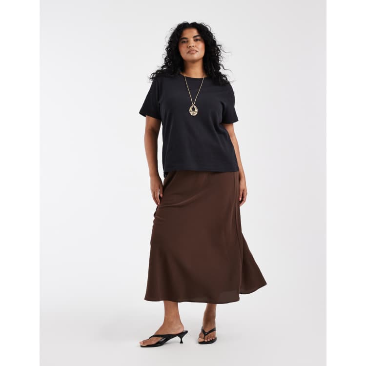 Pieces Curve matte satin midi skirt in coffee brown | ASOS