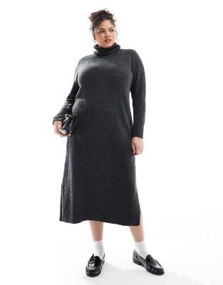 Pieces Curve - Maxi-Pulloverkleid in dunkelgrau meliert mit Rollkragen