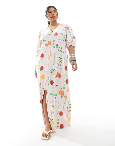 Pieces Curve – Maxikleid in Blassrosa mit Puffärmeln, Knopfleiste und Früchte-Muster - view 1