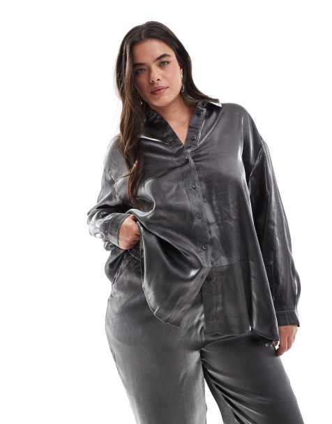 Pieces Curve – Metaliczna zielona koszula oversize, część zestawu - view 1