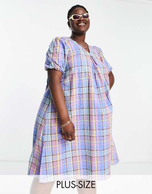 Pieces Curve - Midi-jurk met pofmouwen in blauw geruit