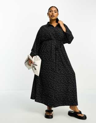 Pieces Curve midi shirt dress in black smiley face print