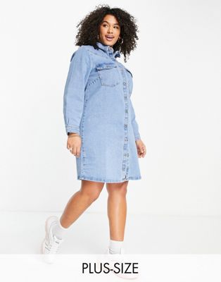 Pieces Curve mini denim shirt dress in light wash blue - ASOS Price Checker