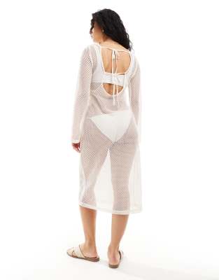 Curve open knit beach midi dress with bell sleeves in cream-White
