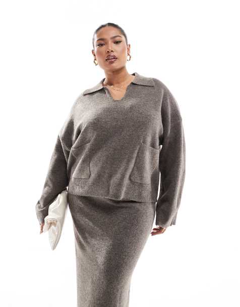Pieces Curve open polo neck jumper co-ord in deep taupe - view 1