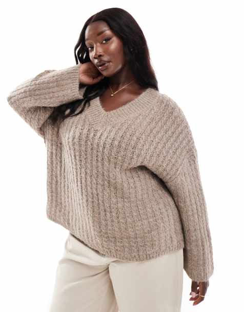 Pieces Curve open v neck jumper in taupe - view 1