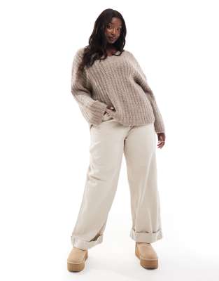 Pieces Plus Pieces Curve Open V Neck Sweater In Neutral