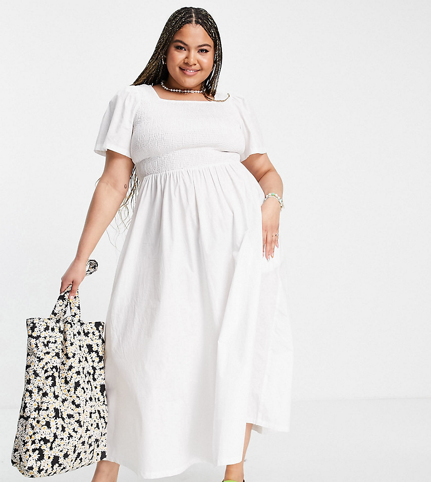 Pieces Curve organic cotton shirred maxi dress in white