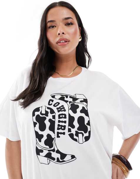 Pieces Curve – Oversize-T-Shirt in Weiß mit Cowgirl-Print - view 1