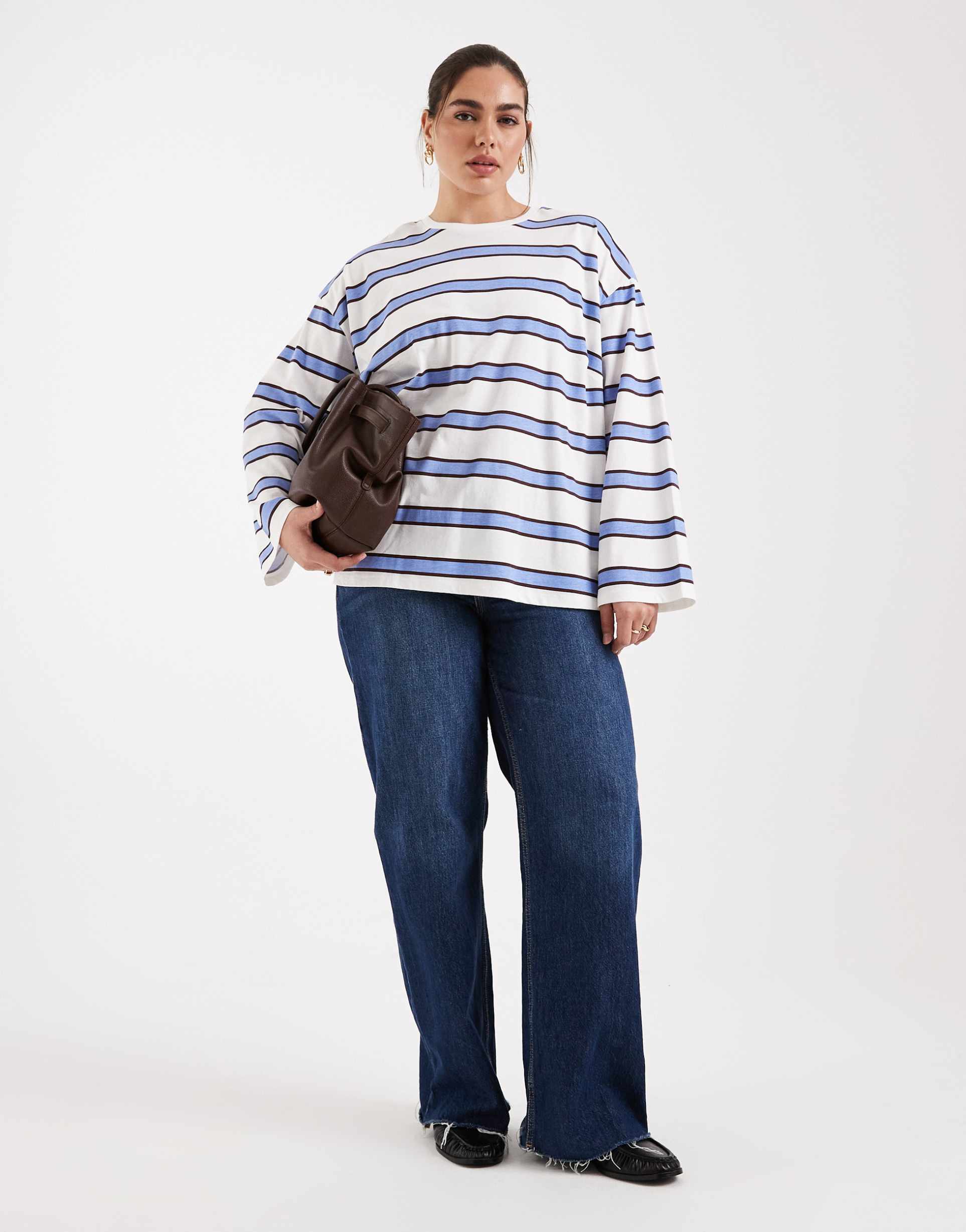 pieces curve oversized rugby stripe long sleeve t-shirt in blue multi stripe