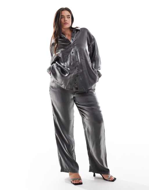 Pieces Curve oversized shirt and pants set in metallic grey
