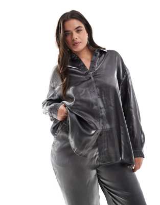 Pieces Curve oversized shirt in metallic gray - part of a set