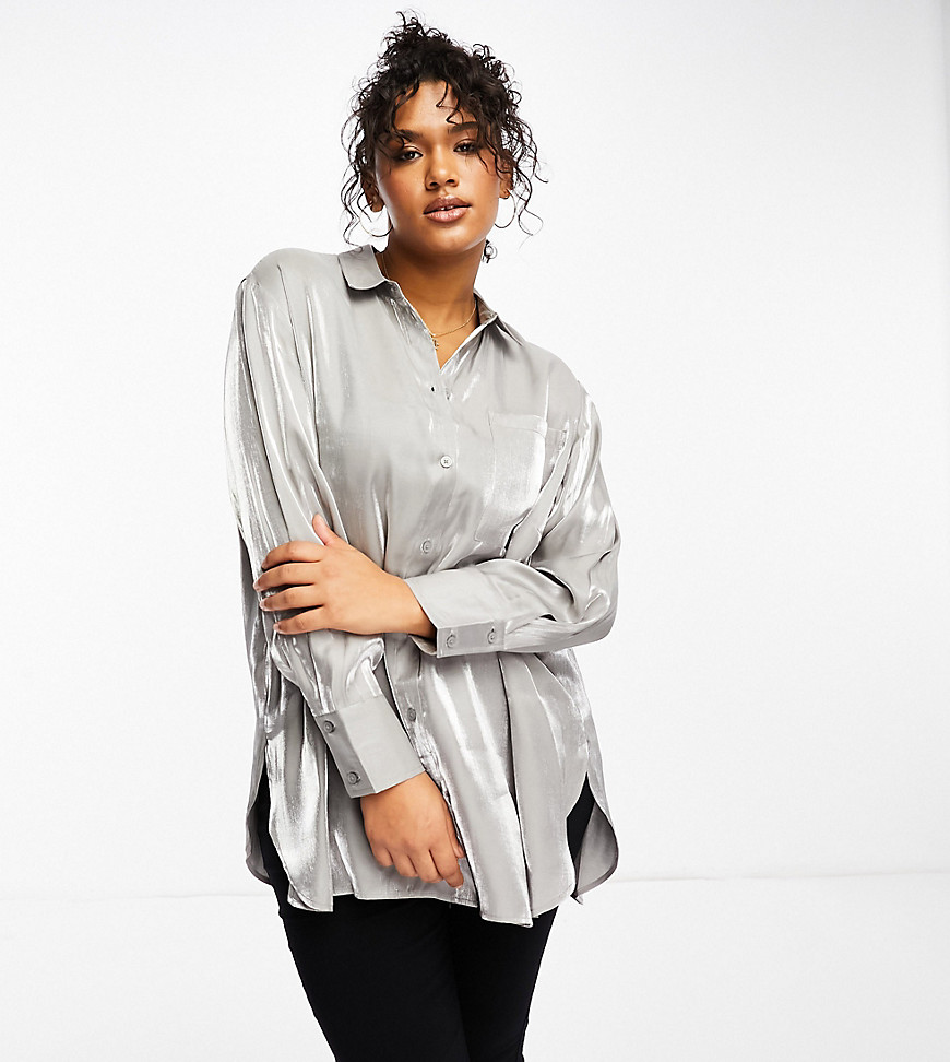 Tops by Pieces Plus Love at first scroll Metallic finish Spread collar Button placket Chest pocket Buttoned cuffs Oversized fit