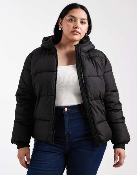 Pieces Curve padded coat with hood in black - view 1