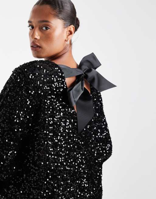 Pieces Curve – Pailletten-Minikleid in Schwarz mit Bandschleife am Rücken, 2 von 4