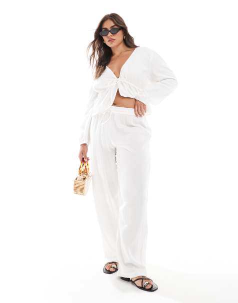 Pieces Curve - Pantalon d'ensemble ample en coton froissé - Blanc nuage - view 1