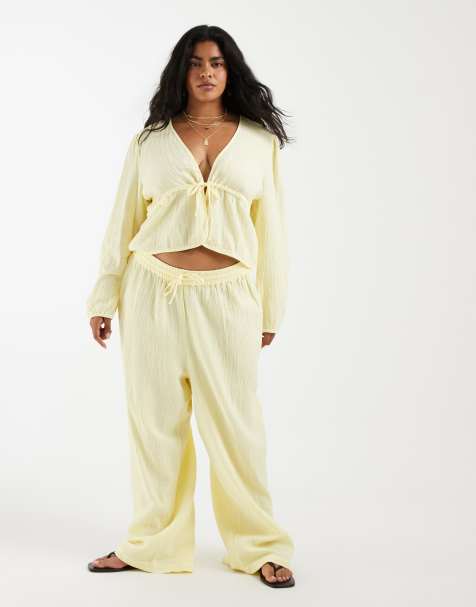 Pieces Curve - Pantalon large d'ensemble en coton froissé - Jaune pastel - view 1