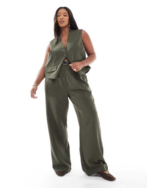 Pieces Curve - Pantaloni sartoriali kaki con bottone sulla gamba multiposizione in coordinato