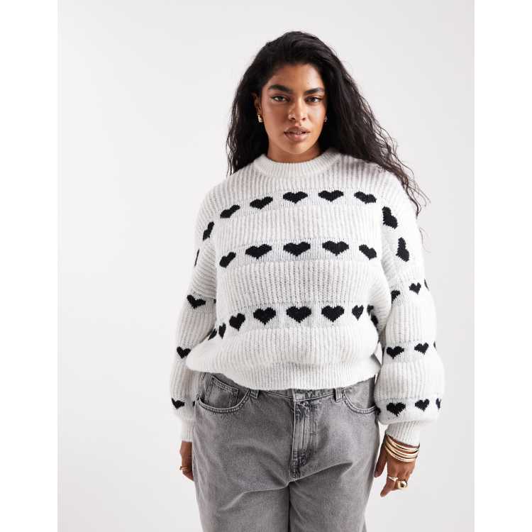 Pieces Curve patterned heart knit sweater in black and white