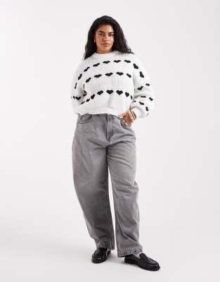 Pieces Plus Pieces Curve Patterned Heart Knit Sweater In Black