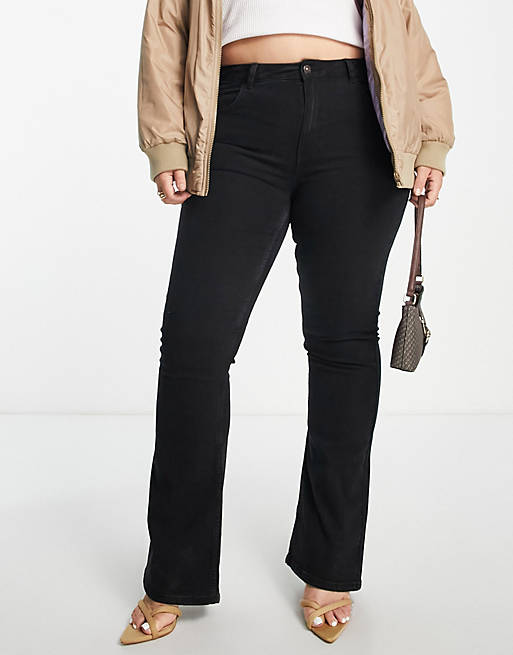 Pieces Curve Peggy high waisted flare jeans in black