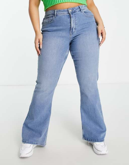 Pieces Tall Peggy high waisted flared jeans in light blue, ASOS