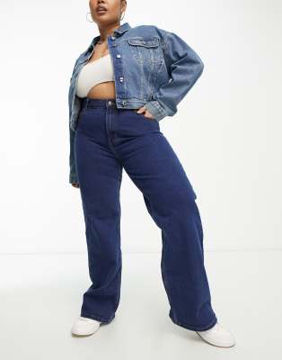 Pieces Plus Pieces Curve Peggy High Waisted Wide Leg Jeans In Dark Blue