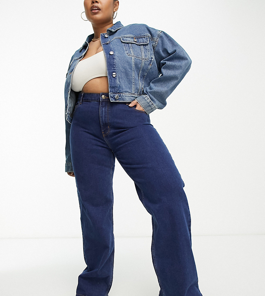 Pieces Plus Pieces Curve Peggy High Waisted Wide Leg Jeans In Dark Blue