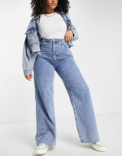 Women Pieces Curve Peggy high waisted wide leg jeans in light blue 