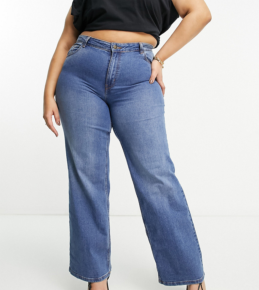 Pieces Plus Pieces Curve Peggy High Waisted Wide Leg Jeans In Medium Blue