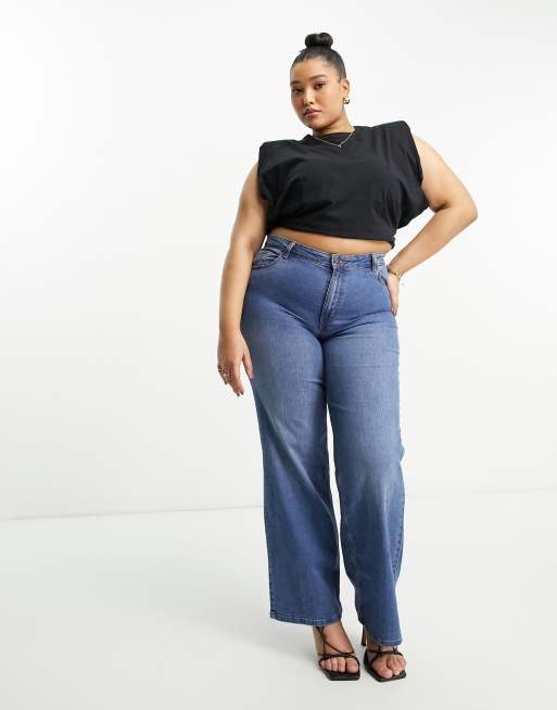 Pieces Curve Peggy high waisted wide leg jeans in medium blue