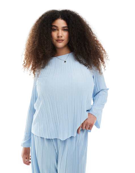 Pieces Curve plisse long sleeve top co-ord in light blue - view 1