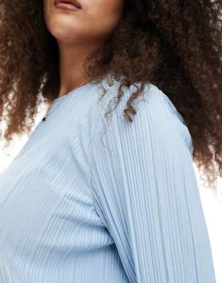 Pieces Plus Pieces Curve Plisse Long Sleeve Top In Blue