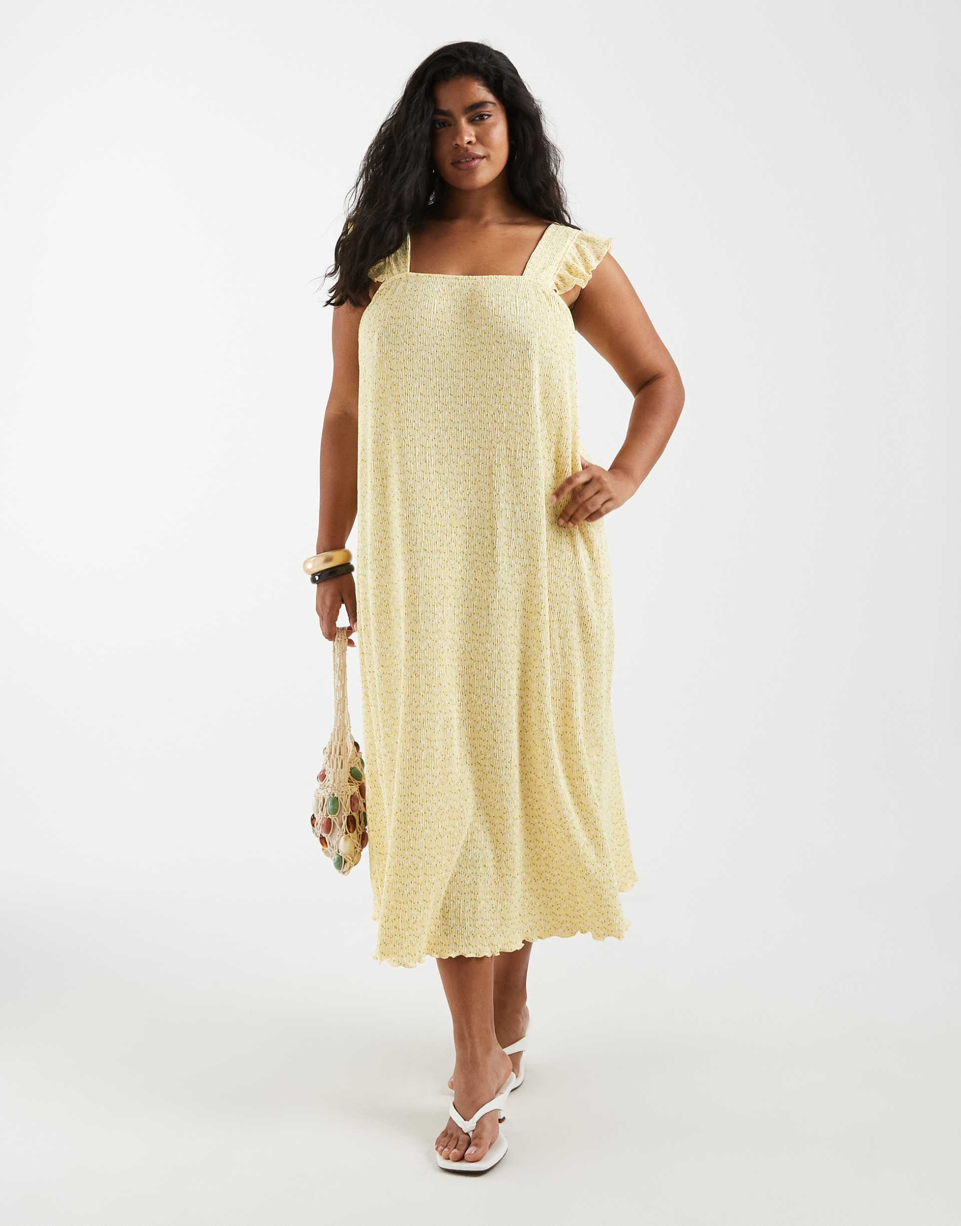 pieces curve plisse maxi dress with frill sleeves in pastel yellow floral