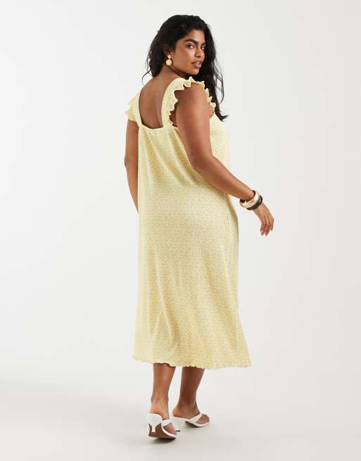Pieces Curve plisse maxi dress with frill sleeves in pastel yellow floral, 4 of 4
