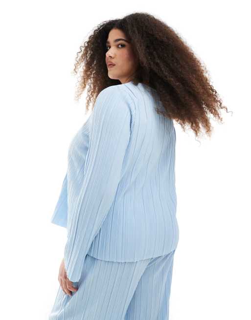 Pieces - Curve - Plissé top met lange mouwen in lichtblauw, deel van co-ord set, 4 van 4