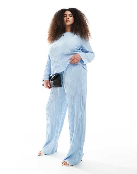 Pieces Curve plisse wide leg trouser co-ord in light blue - view 1
