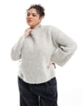 [Pieces Plus] Pieces Curve premium longline fluffy knit jumper with wide cuffs in light grey melange 18-20 Light grey