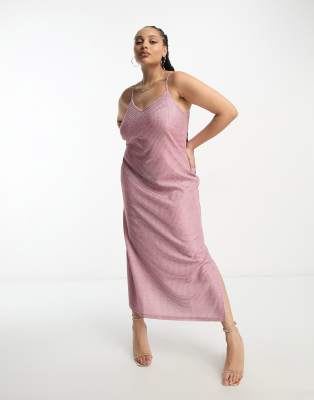 Pieces Curve - Premium - Maxi-Trägerkleid in glitzerndem Rosa mit Schlitz