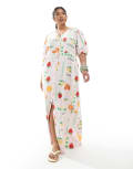[Pieces Plus] PIECES Curve puff sleeve button front maxi dress in pale pink-based fruit print 46 Pink