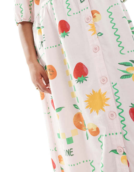 Pieces Curve puff sleeve button front maxi dress in pale pink based fruit print, 4 of 4